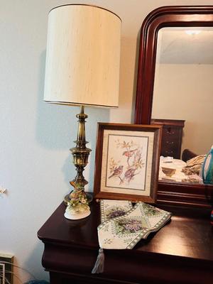 GOTHAM BIRD MUSIC BOX, LAMP, WALL SCARF, AND FRAMED PICTURE