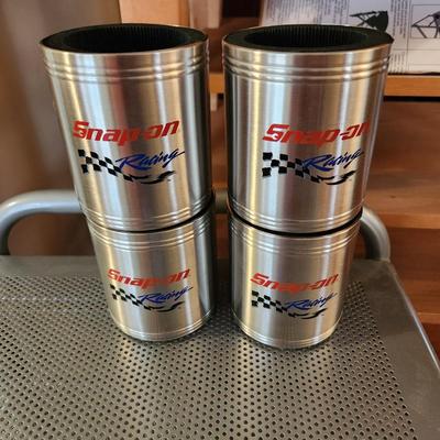 Snap-On Metal Tin Lunch Box Pail & 4 insulated Beer Soda can Holders All NOS