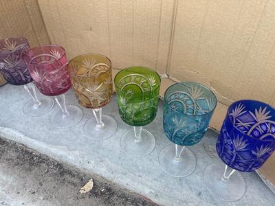 Sale Photo Thumbnail #553: Set of 6 Cut Glass Goblets. Various colors, high quality. Could use a good scrub, but no chips! Unsure of manufacturer, could be Fabergé.