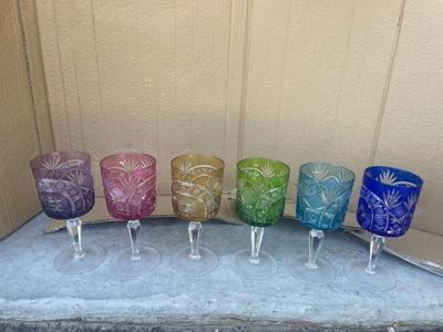 Sale Photo Thumbnail #551: Set of 6 Cut Glass Goblets. Various colors, high quality. Could use a good scrub, but no chips! Unsure of manufacturer, could be Fabergé.