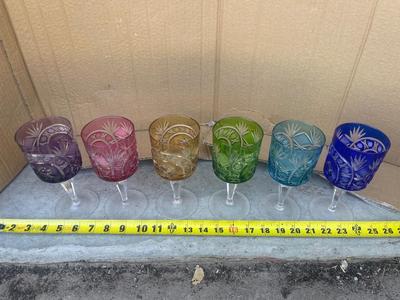 Sale Photo Thumbnail #554: Set of 6 Cut Glass Goblets. Various colors, high quality. Could use a good scrub, but no chips! Unsure of manufacturer, could be Fabergé.