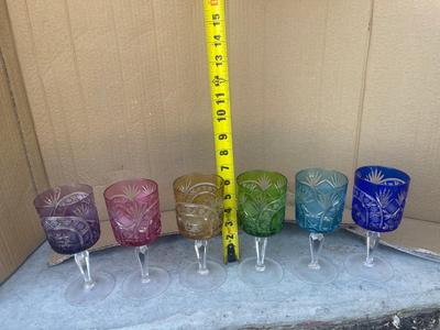 Sale Photo Thumbnail #555: Set of 6 Cut Glass Goblets. Various colors, high quality. Could use a good scrub, but no chips! Unsure of manufacturer, could be Fabergé.