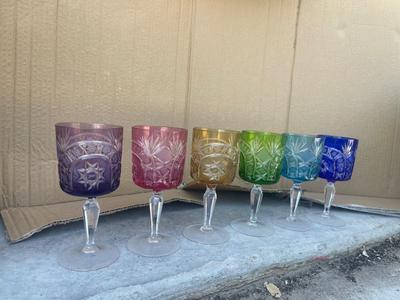 Sale Photo Thumbnail #552: Set of 6 Cut Glass Goblets. Various colors, high quality. Could use a good scrub, but no chips! Unsure of manufacturer, could be Fabergé.