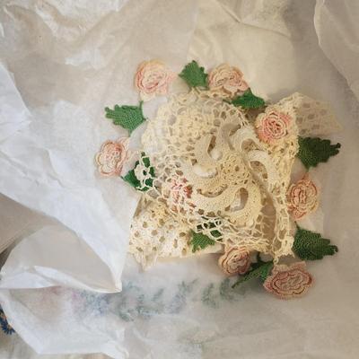Vintage Tote filled with Embroidered Kitchen Linen Lot