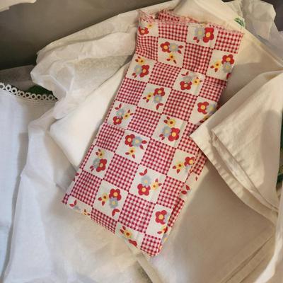 Vintage Tote filled with Embroidered Kitchen Linen Lot