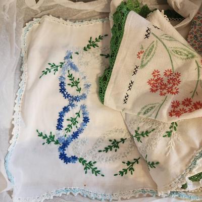 Vintage Tote filled with Embroidered Kitchen Linen Lot
