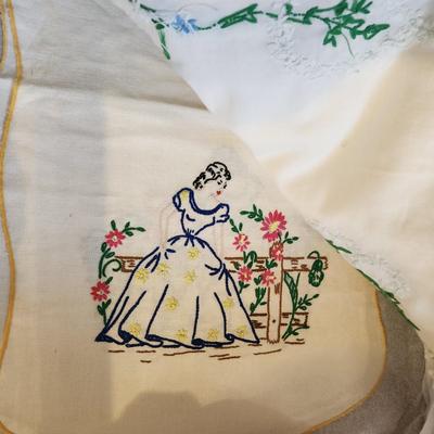 Vintage Tote filled with Embroidered Kitchen Linen Lot
