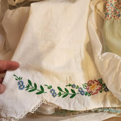 Vintage Tote filled with Embroidered Kitchen Linen Lot
