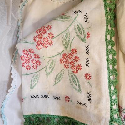 Vintage Tote filled with Embroidered Kitchen Linen Lot