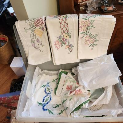 Vintage Tote filled with Embroidered Kitchen Linen Lot