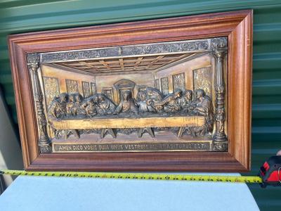 Sale Photo Thumbnail #558: Last Supper Metal Relief. Wire on back for hanging on wall. Interesting texture and sturdy frame.
