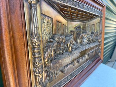 Sale Photo Thumbnail #557: Last Supper Metal Relief. Wire on back for hanging on wall. Interesting texture and sturdy frame.