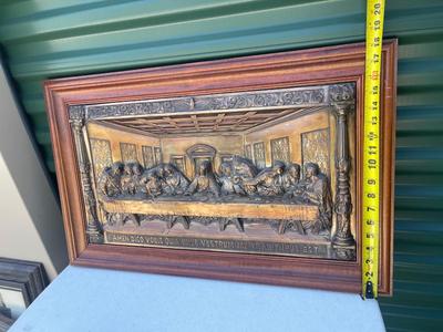 Sale Photo Thumbnail #559: Last Supper Metal Relief. Wire on back for hanging on wall. Interesting texture and sturdy frame.