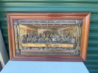 Sale Photo Thumbnail #556: Last Supper Metal Relief. Wire on back for hanging on wall. Interesting texture and sturdy frame.