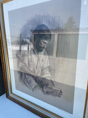Sale Photo Thumbnail #592: Fine Art Wall Art (Lot of 2). One is an original oil painting, one a print of a charcoal drawing.