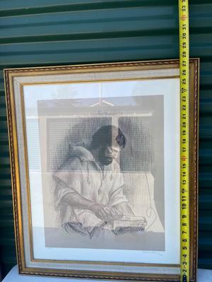 Sale Photo Thumbnail #597: Fine Art Wall Art (Lot of 2). One is an original oil painting, one a print of a charcoal drawing.