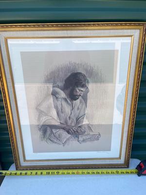 Sale Photo Thumbnail #596: Fine Art Wall Art (Lot of 2). One is an original oil painting, one a print of a charcoal drawing.