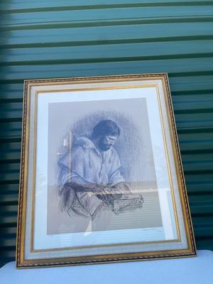Sale Photo Thumbnail #584: Fine Art Wall Art (Lot of 2). One is an original oil painting, one a print of a charcoal drawing.