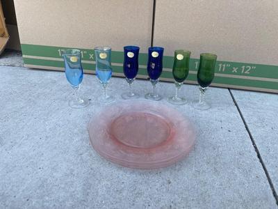 Sale Photo Thumbnail #598: Depression Glass Plates and Stemmed Shot Glasses/Candleholders (Lot of 9). 3 gorgeous pink hued glass plates, floral texture on the bottom of each. 6 small, stemmed glass cups; could be used as shot glasses, candleholders, etc.
