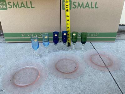 Sale Photo Thumbnail #601: Depression Glass Plates and Stemmed Shot Glasses/Candleholders (Lot of 9). 3 gorgeous pink hued glass plates, floral texture on the bottom of each. 6 small, stemmed glass cups; could be used as shot glasses, candleholders, etc.