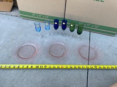 Sale Photo Thumbnail #600: Depression Glass Plates and Stemmed Shot Glasses/Candleholders (Lot of 9). 3 gorgeous pink hued glass plates, floral texture on the bottom of each. 6 small, stemmed glass cups; could be used as shot glasses, candleholders, etc.