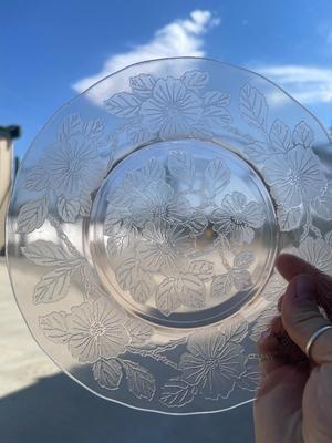 Sale Photo Thumbnail #604: Depression Glass Plates and Stemmed Shot Glasses/Candleholders (Lot of 9). 3 gorgeous pink hued glass plates, floral texture on the bottom of each. 6 small, stemmed glass cups; could be used as shot glasses, candleholders, etc.