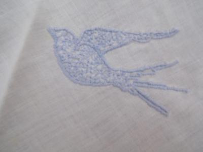 Hand embroidered round table cover. Blue Birds & floral designs.