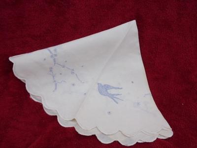 Hand embroidered round table cover. Blue Birds & floral designs.