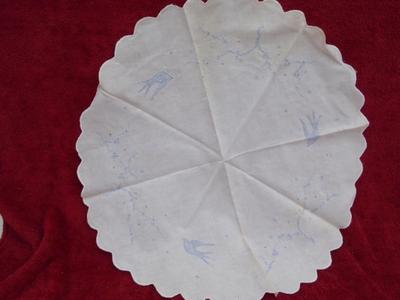 Hand embroidered round table cover. Blue Birds & floral designs.