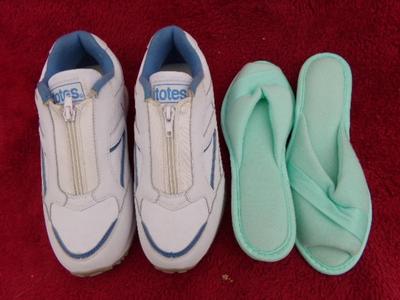 1 pair sneakers size 7M, 1 pair slippers Med. Scarcely used if at all