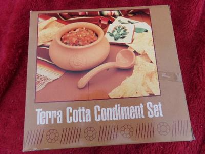 Terra Cotta Condiment Set. New/unused sealed in OEM box.