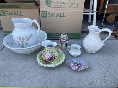 Sale Photo Thumbnail #693: Various Antique Pitchers and Bowls (Lot of 8)