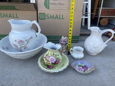 Sale Photo Thumbnail #695: Various Antique Pitchers and Bowls (Lot of 8)
