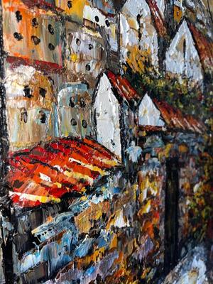 Sale Photo Thumbnail #725: Large Textured Painting with Frame. Appears to be acrylic impasto, but unsure as there are no markings on the back of any kind.