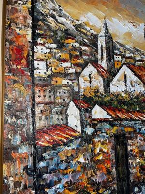Sale Photo Thumbnail #724: Large Textured Painting with Frame. Appears to be acrylic impasto, but unsure as there are no markings on the back of any kind.