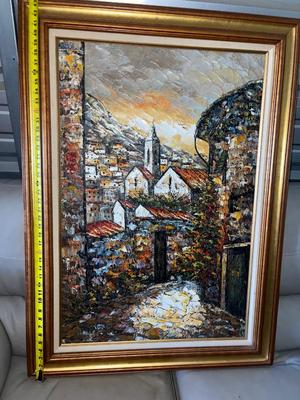 Sale Photo Thumbnail #728: Large Textured Painting with Frame. Appears to be acrylic impasto, but unsure as there are no markings on the back of any kind.
