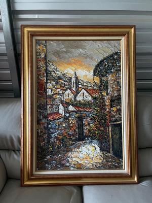 Sale Photo Thumbnail #723: Large Textured Painting with Frame. Appears to be acrylic impasto, but unsure as there are no markings on the back of any kind.