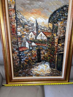 Sale Photo Thumbnail #727: Large Textured Painting with Frame. Appears to be acrylic impasto, but unsure as there are no markings on the back of any kind.