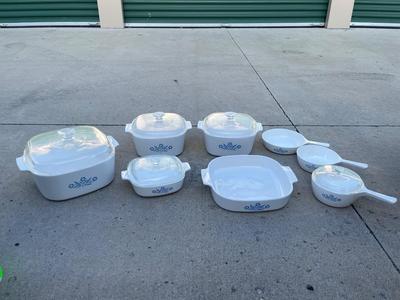 Sale Photo Thumbnail #729: Corning Ware "Blue Cornflower" Set (Set of 10). Great condition oven safe dishes, several with lids.