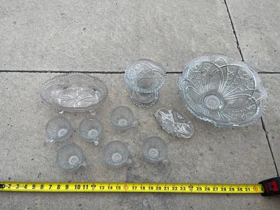 Sale Photo Thumbnail #750: Cut Glass Punchbowl Set Plus 2 Serving Plates (Lot of 10). Comes with stand for punchbowl and 6 cups.