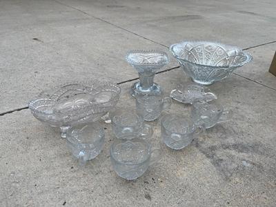 Sale Photo Thumbnail #747: Cut Glass Punchbowl Set Plus 2 Serving Plates (Lot of 10). Comes with stand for punchbowl and 6 cups.
