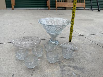 Sale Photo Thumbnail #751: Cut Glass Punchbowl Set Plus 2 Serving Plates (Lot of 10). Comes with stand for punchbowl and 6 cups.
