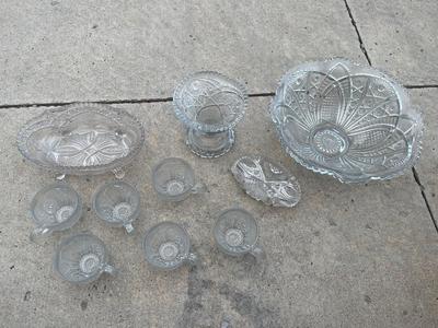 Sale Photo Thumbnail #749: Cut Glass Punchbowl Set Plus 2 Serving Plates (Lot of 10). Comes with stand for punchbowl and 6 cups.