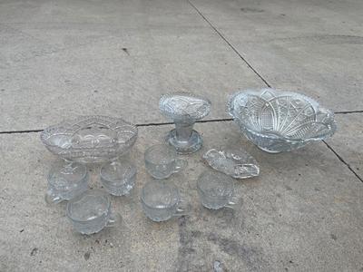 Sale Photo Thumbnail #746: Cut Glass Punchbowl Set Plus 2 Serving Plates (Lot of 10). Comes with stand for punchbowl and 6 cups.