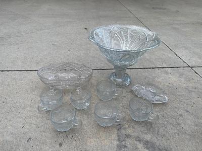 Sale Photo Thumbnail #745: Cut Glass Punchbowl Set Plus 2 Serving Plates (Lot of 10). Comes with stand for punchbowl and 6 cups.