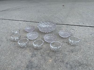 Sale Photo Thumbnail #754: Set of Antique Glass Salt Cellars (Set of 11). Believed to be Westmoreland Glass, but unsure.