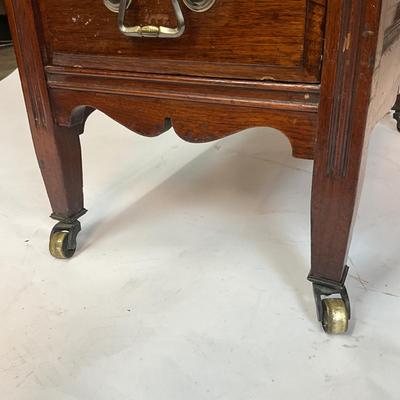 Sale Photo Thumbnail #208: Beautiful Angus of London Roll Top Tambour Desk with 8 drawers, eagle lock co brass hardware, brass pulls & know, missing one castor wheel, leather top has some wear 43" high x 48" wide x 27" deep desk height is 30.5"