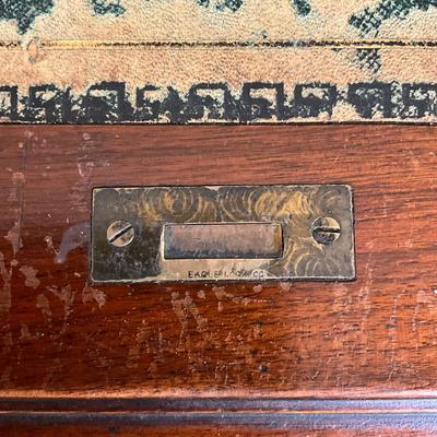 Sale Photo Thumbnail #219: Beautiful Angus of London Roll Top Tambour Desk with 8 drawers, eagle lock co brass hardware, brass pulls & know, missing one castor wheel, leather top has some wear 43" high x 48" wide x 27" deep desk height is 30.5"