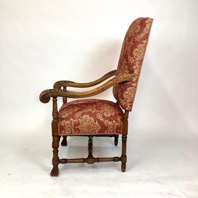 Sale Photo Thumbnail #227: Red & Gold Damask Upholstered seat (with damage) Chair itself is in good structural condition. carved walnut arms and claw feet with stretcher. measuring 46" high x 25" wide x 31" deep 18" seat height x 19" seat depth.