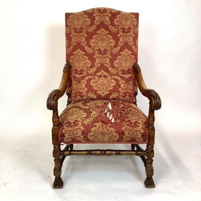 Sale Photo Thumbnail #220: Red & Gold Damask Upholstered seat (with damage) Chair itself is in good structural condition. carved walnut arms and claw feet with stretcher. measuring 46" high x 25" wide x 31" deep 18" seat height x 19" seat depth.